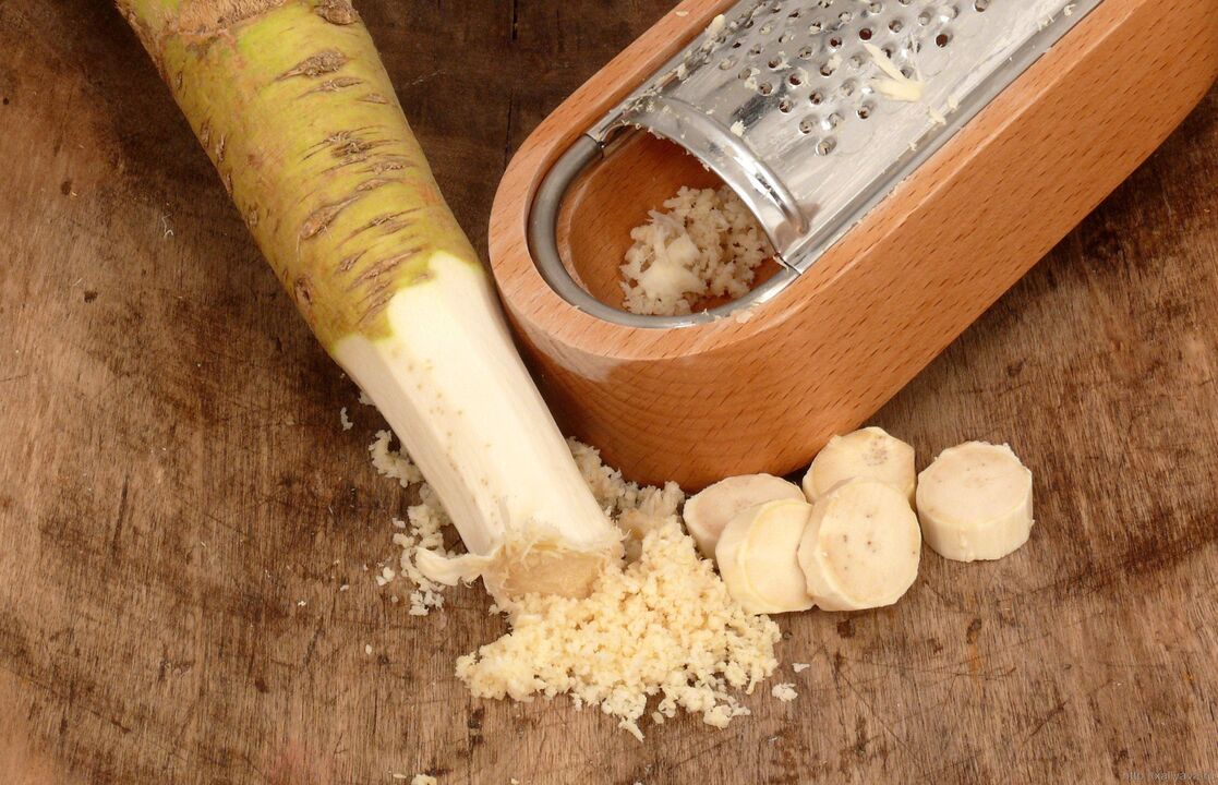 Grated horseradish root for the preparation of a medicinal rub for the treatment of lumbar osteochondrosis